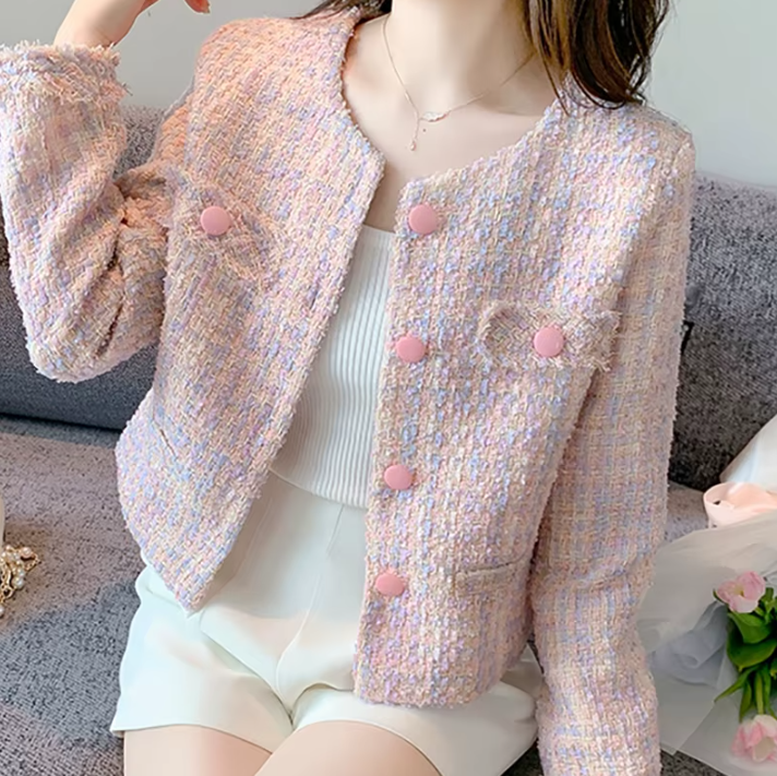 CASACO FEMININO DE TWEED ROSA ELEGANTE