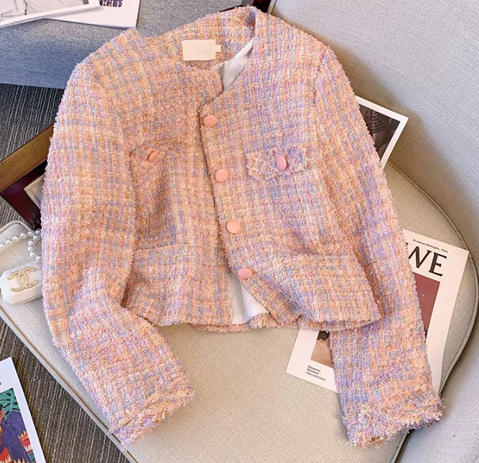 CASACO FEMININO DE TWEED ROSA ELEGANTE