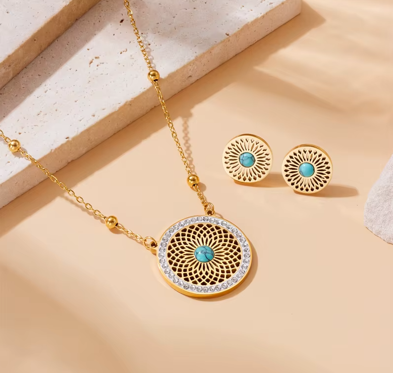 CONJUNTO COLAR E BRINCOS DOURADO E AZUL
