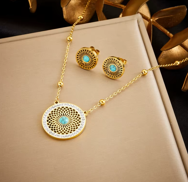 CONJUNTO COLAR E BRINCOS DOURADO E AZUL